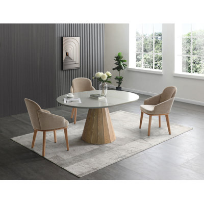Table de salle à manger ronde extensible avec plateau d'aspect pierre de 47 à 63 pouces et base à piédestal en bois