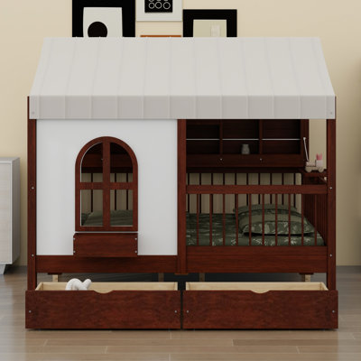 Multifunctional House Bed, Two Big Storage Drawers & Side Bookshelf with LED Strip