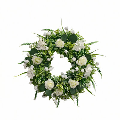 Couronne de porte avant blanche artificielle 23,6 pouces, couronne florale d'eucalyptus vert pour mariage maison de campagne