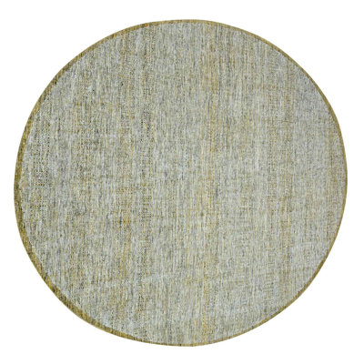 10'x10' Golden Yellow, 100% Wool, Hand Knotted, Oxidized Grass Design, Distressed, Exposed Warps, Round, Oriental Rug