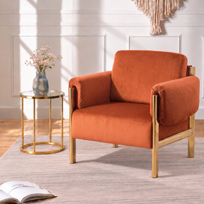 Fauteuil d'appoint Sistrunk moderne et glamour en velours orange avec accoudoirs rembourrés et structure en métal doré