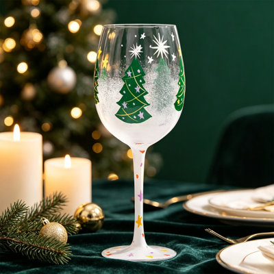 Décoration de Noël : Verre à vin de Noël coloré peint, verre à pied festif, boîte-cadeau, gobelet artistique pour la décoration de la maison et des fêtes