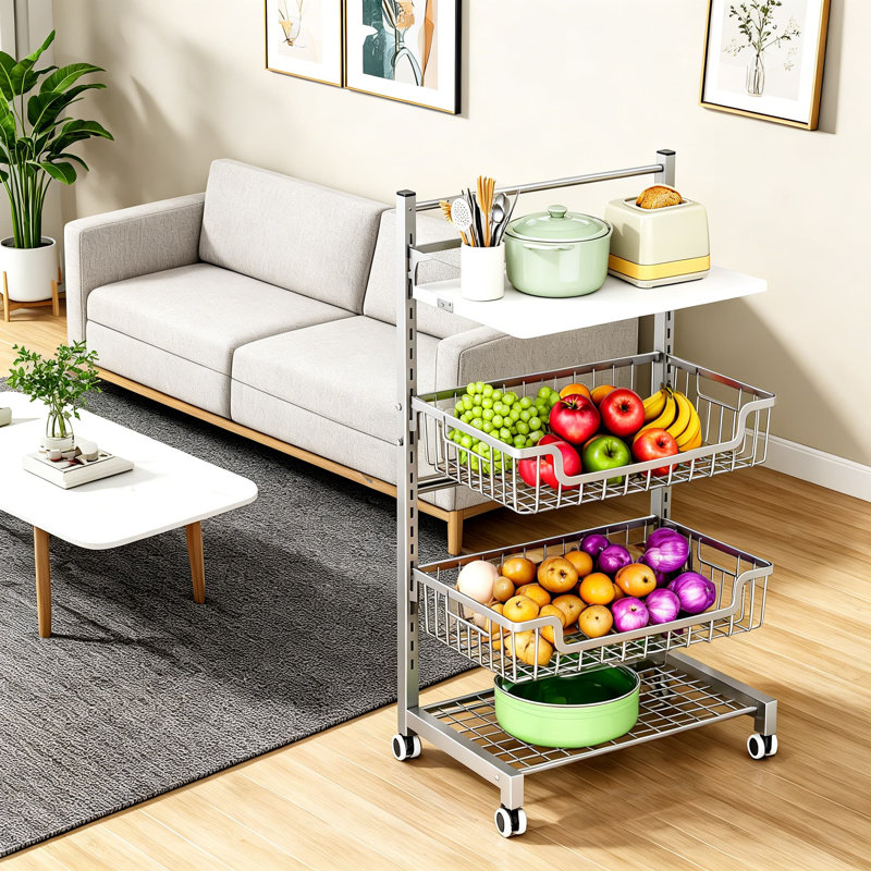 Chariot de cuisine à 5 niveaux avec panier à fruits sur roulettes, support à légumes roulant de grande capacité avec plateau en bois, paniers en filet pour grignoter des oignons et des pommes de terre, argent