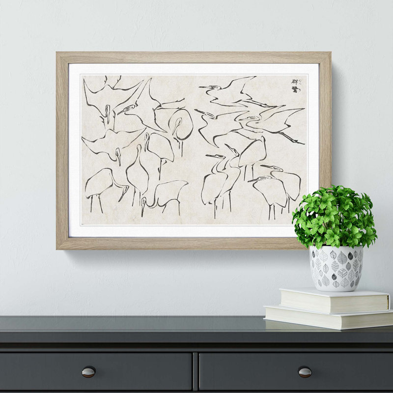Cranes by Katsushika Hokusai - Picture Frame Painting Print, 27cm H x 36cm W x 2cm D, Oak Framed