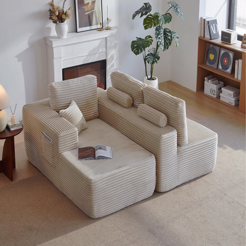 Canapé modulaire 104 po avec méridienne en forme de L, canapé modulaire moderne avec assise profonde, avec poches latérales, sièges rembourrés pour la chambre à coucher, pas d'assemblage requis, beige