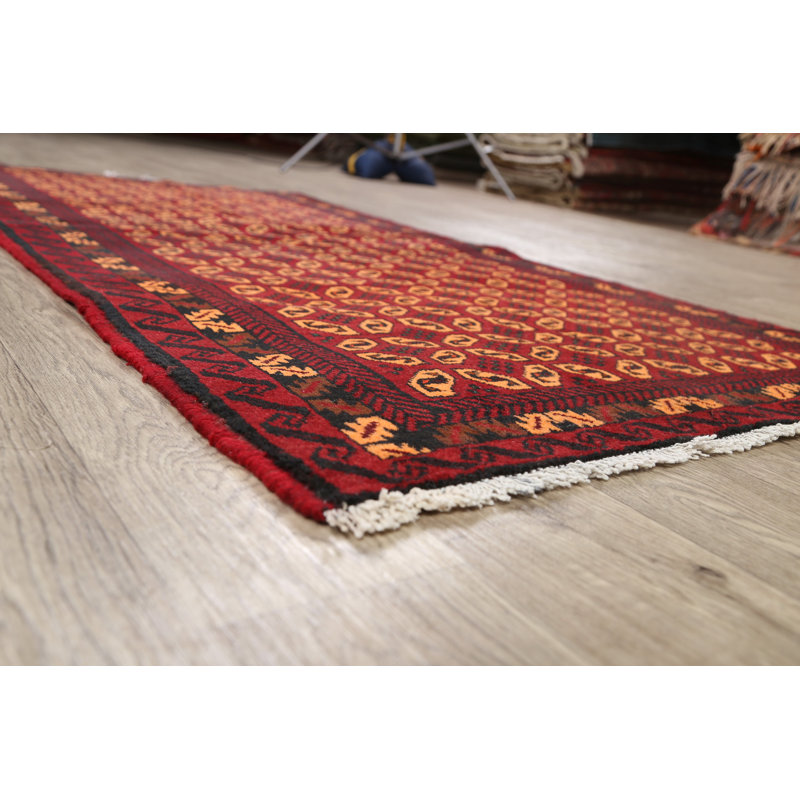 Tapis rouge en laine noué à la main de conception unique 3 pi 3 po x 6 pi 3 po Waqar