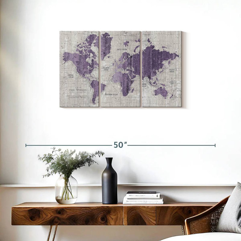 «Old World Map», impression murale sur toile mauve et grise, H 20 po x l 33 po x P 1,25 po