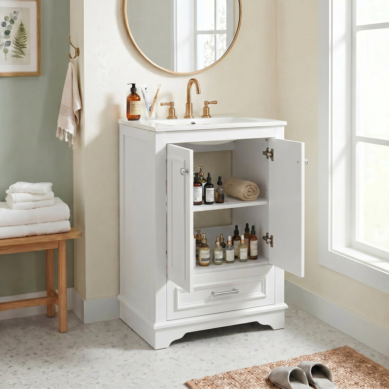 Meuble-lavabo moderne autoportant de 24 po avec lavabo en céramique, portes à fermeture douce et poignées en métal argenté