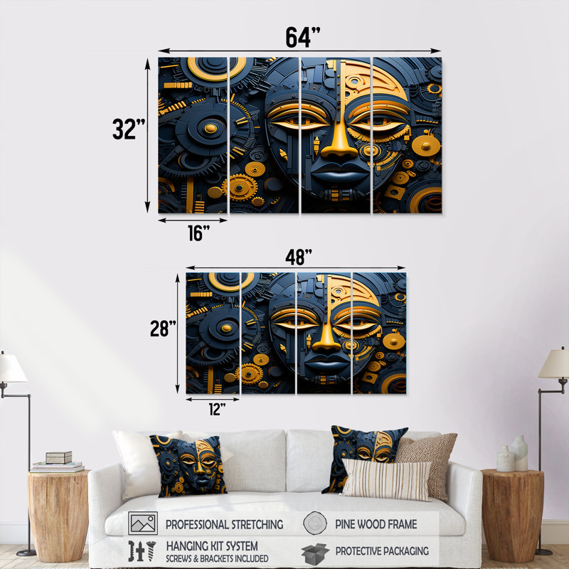Masque africain jaune et bleu Kuba, H 28 po x l 48 po