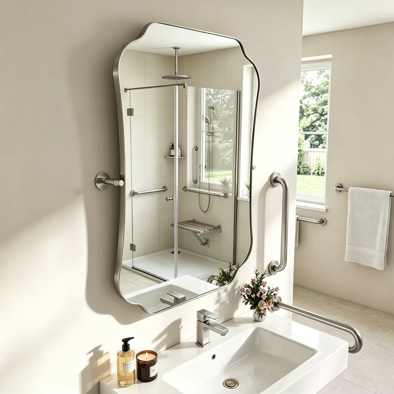 L 20 po x H 30 po HA Miroir de salle de bain avec cadre inclinable et accessible en fauteuil roulant Miroir de salle de bain mural en nickel brossé avec inclinaison fixe de 5 ° à 8 ° et verre trempé