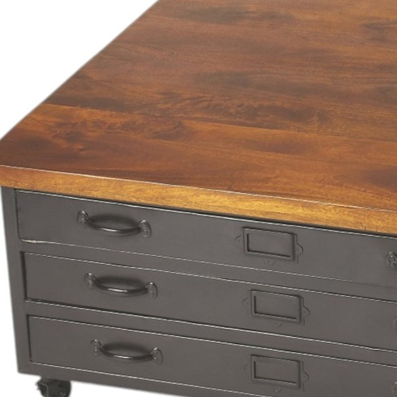  Table basse 36 po à trois tiroirs en bois massif et métal brun et gris