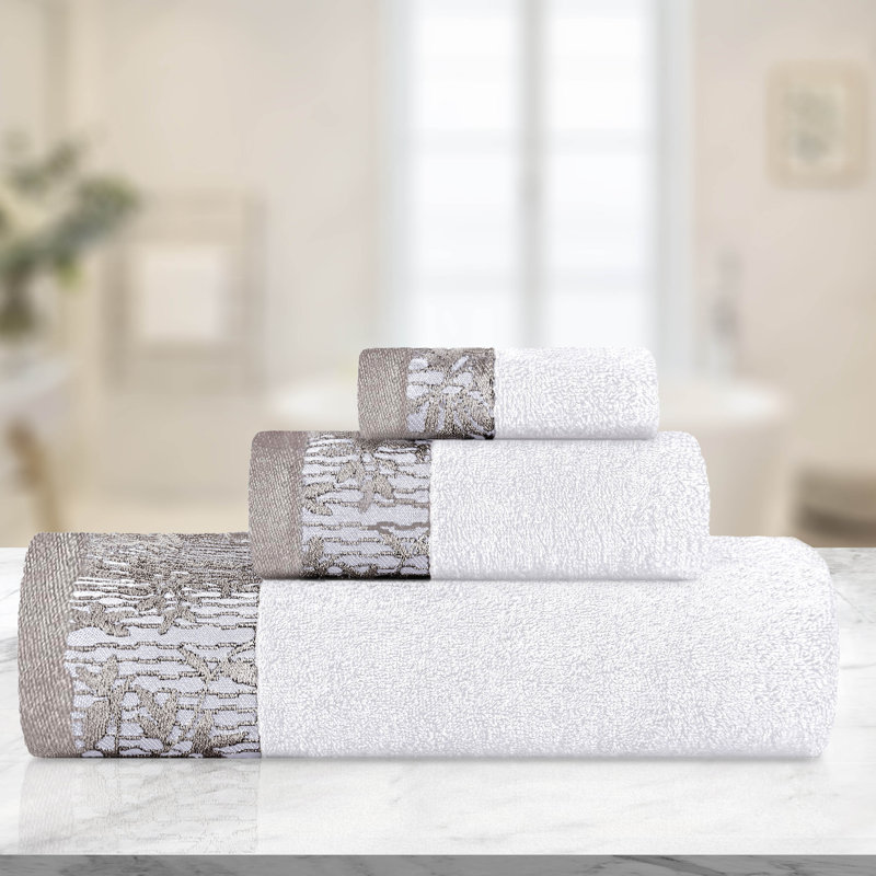 Carinna Cotton Medium Weight Floral Jacquard Border Assorted Bathroom Towel Set, White, 3 Piece Towel Set