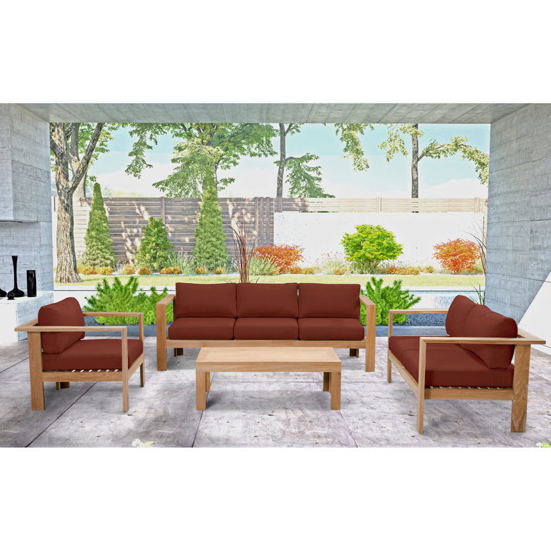 Ando 4 Piece Teak Sofa Seating Group with Sunbrella Cushions, 4 Pcs: Table, Sofa, Loveseat, Chair, Cast Silver Sunbrella®