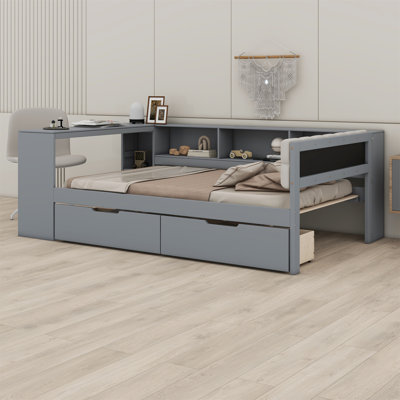Lit plateforme en bois avec tablettes de rangement, tiroirs, station de charge et tête de lit tapissier