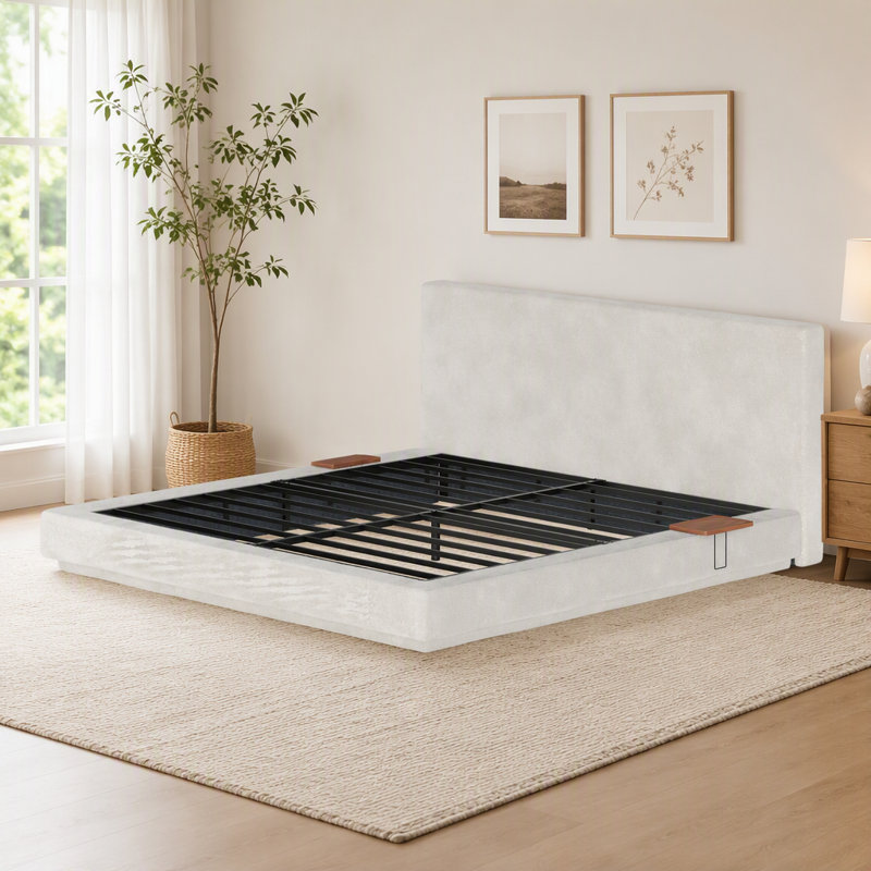 King Bed Frame With Adjustable Sliding Side Table Visual Floating Effect, 8.7'' Cloud Upholstered Sponge Cushion