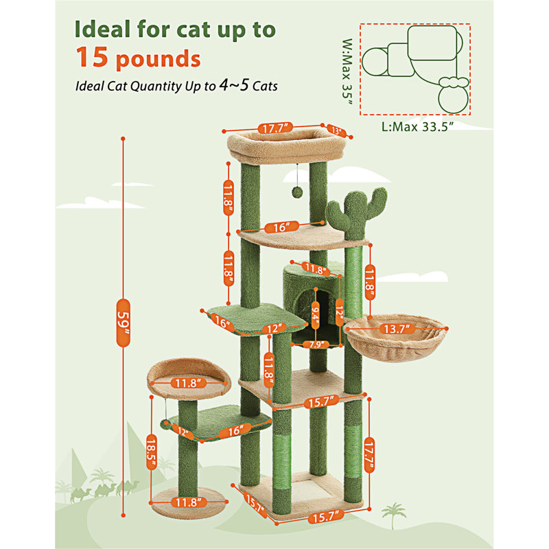 59" Green and Beige Sisal Cactus Cat Tree Tower with Hammock and Perches