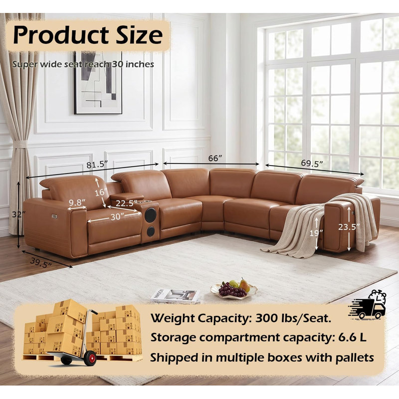 Canapé modulaire inclinable électrique en cuir 6 pièces de 113 po avec appuis-tête réglables, console de rangement, éclairage DEL et haut-parleurs Bluetooth