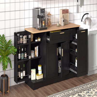 Multi-Functional Storage Sideboard, Extendable Dining Table, Adjustable Shelves, 3-Tier Pull-Out Rack, Kitchen Island Storage For Kitchen, Dining Room, Living Room (Black)