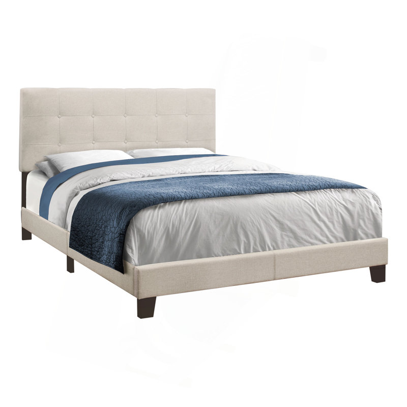 Lit, grand lit, tapissier, aspect lin beige, pieds en bois noir, transitionnel, Grand lit, Beige