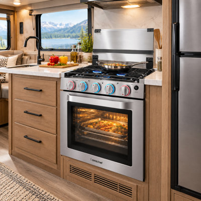 AMZCHEF 21" RV Gas Range with 3-Burner Cooktop, Built-In Gas Oven, Cast Iron Grates, Flame Failure Safety System and Air Fry Basket for Campers, Travel Trailers & Motorhomes
