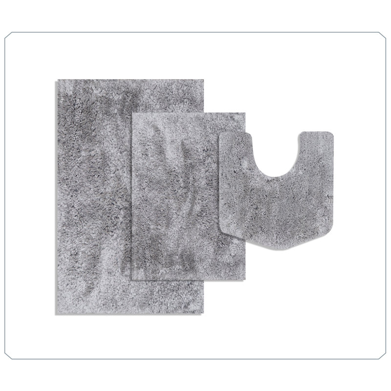Elegance Bathroom Rug Mat Set 3 Piece, Microfiber Shaggy Bath Set, Non-Slip Ultra Soft Carpet Mats, Absorbent with U-Shaped Toilet for Bathroom, Tub, Shower, Grey