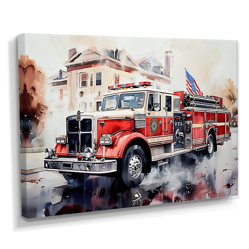 Camion de pompier dans le salon Hamptons III - Art mural, H 24 po x l 32 po x P 1 po, Toile tendue