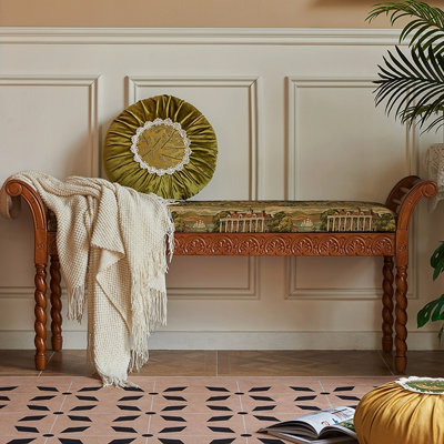 Banc vintage rétro en chêne et velours pour la chambre et le salon