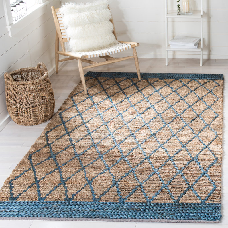 Natural Fiber Hand Loomed Jute/Cotton Geometric Rug in Natural/Navy, Rectangle 8' x 10'