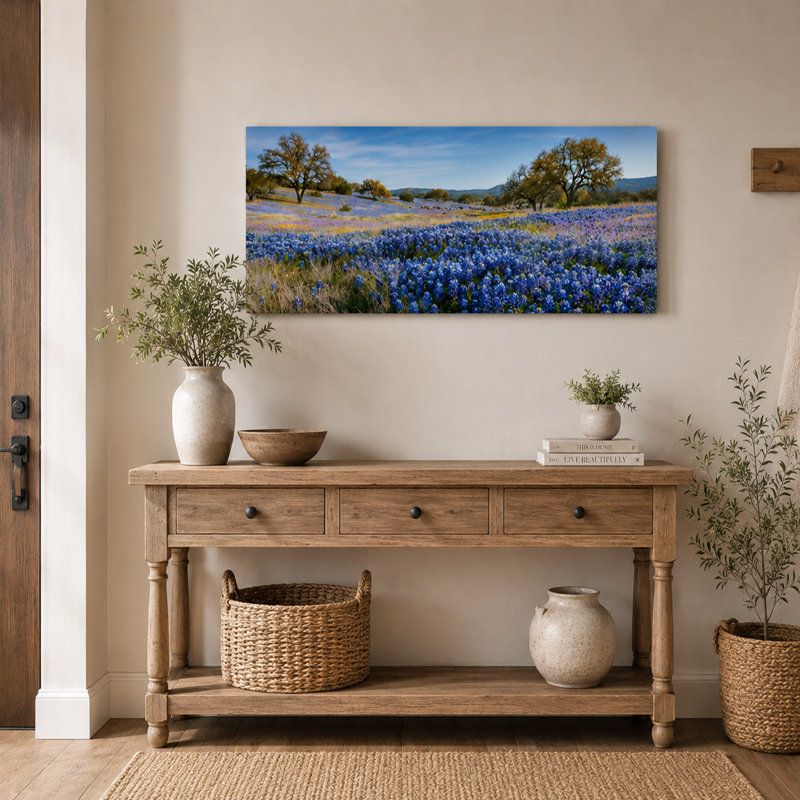 «Bluebonnet Valley Oak - Texas Wildflower Landscape», art mural sur toile tendue, 24"H x 48"W x 1.5"D