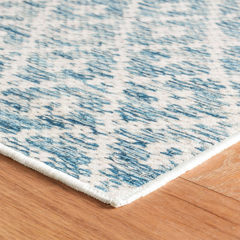 Melange Diamond Blue Machine Printed Washable Rug, Rectangle 2' x 3'