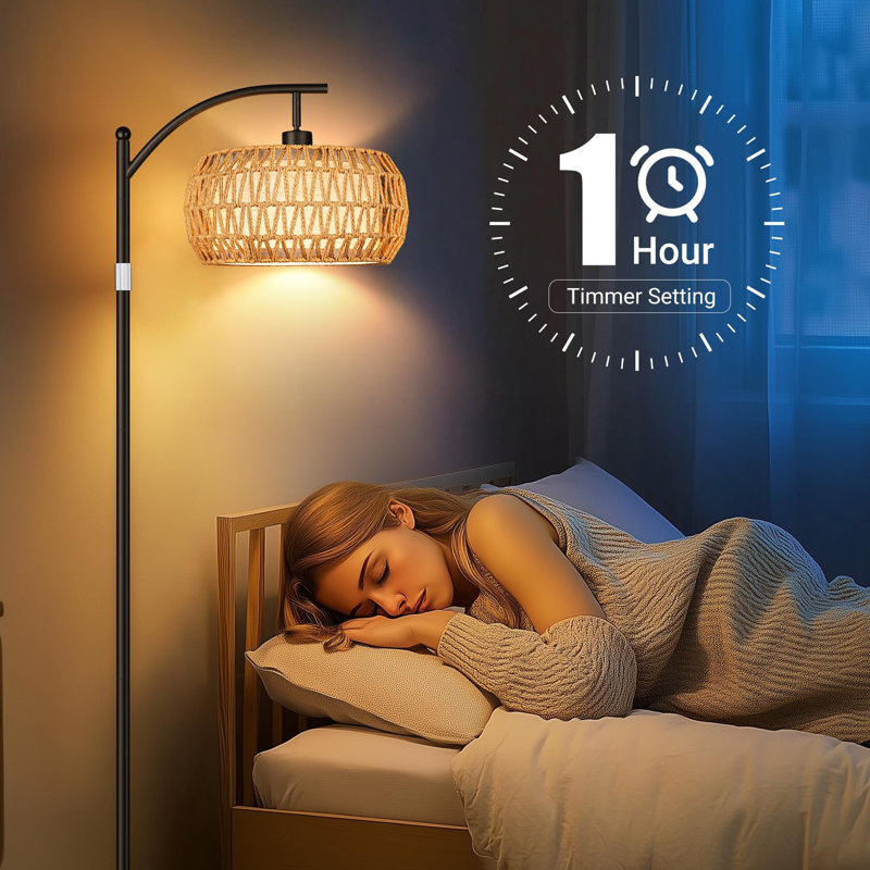 Lampe sur pied Boho avec ampoule à intensité variable, double abat-jour en rotin et en lin