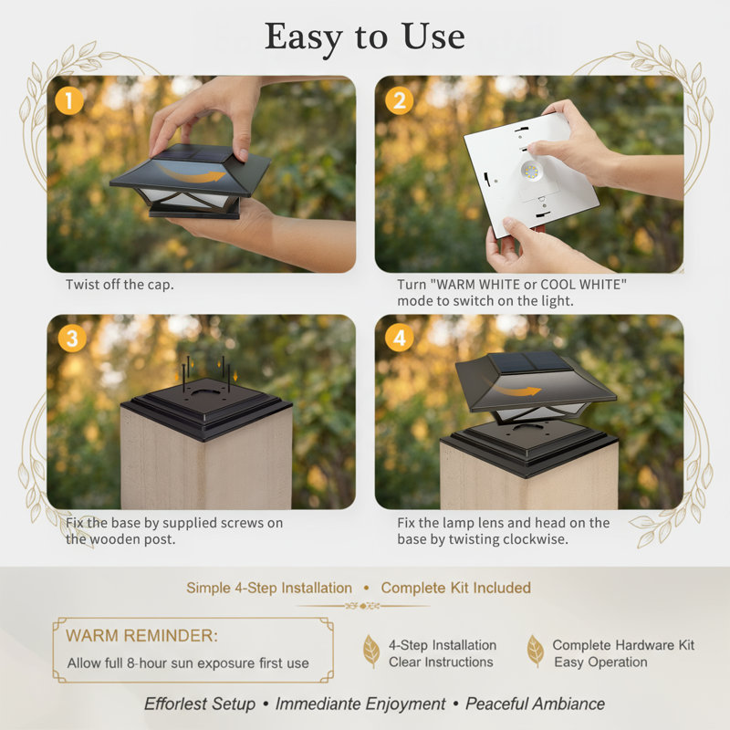 Solar Post Cap Lights (Set of 4) with 2 Color Modes, Waterproof Deck & Fence Lights for 4x4, 5x5, 6x6 Vinyl or Wood Posts