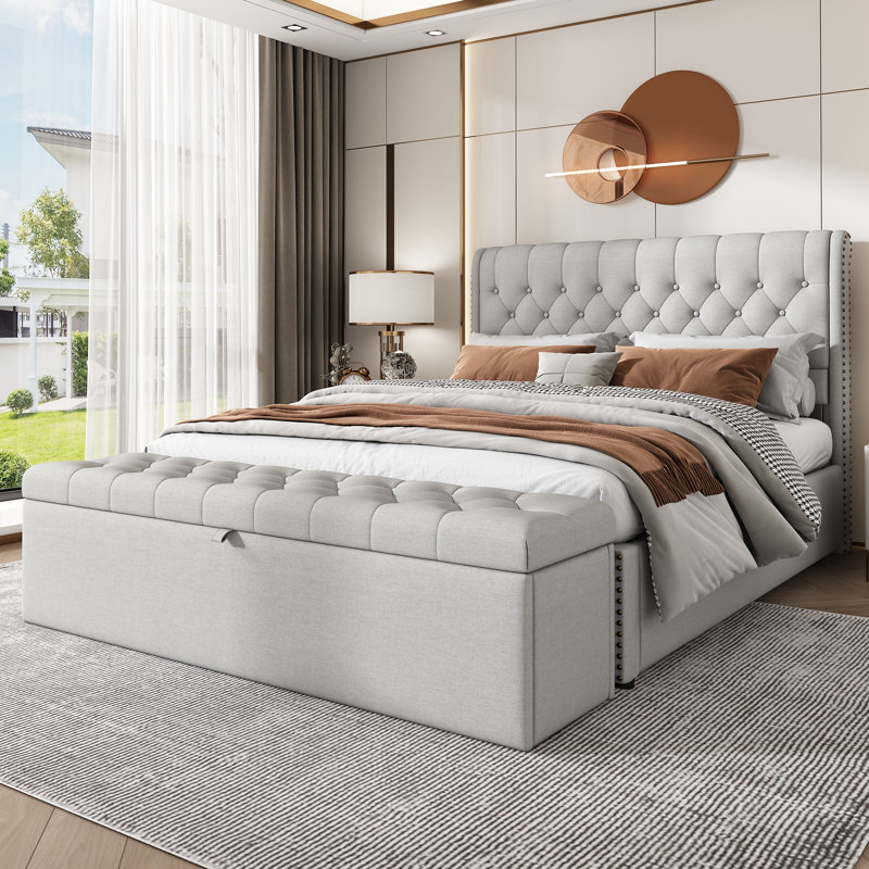 Abianna Upholstered Ottoman Storage Bed, Double (4'6), Light Grey, Linen