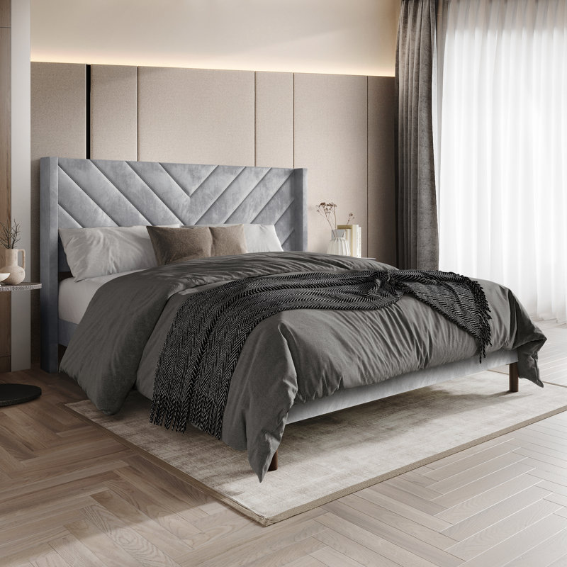 Velvet Upholstered Wingback Bed, Full, Silver Gray