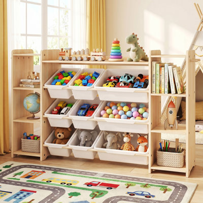 Kids Toy Storage Organizer with Bookshelf, 6 Shelves, 9 Toy Bins, 6 Hooks, Wood and White
