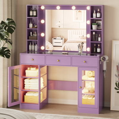Large Makeup Vanity Desk With Lights & Mirror,10 Round Bulbs Lights with Mirror,Power Outlet,5 Drawers,8 Shelves with Brightness Lighting, Hair Dryer Holder（No Stool)