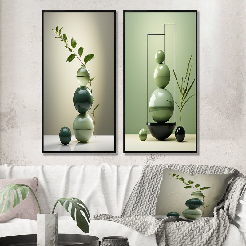 Green Zen Spiritual Stone I - Ensemble de 2 décorations murales en pierre spirituelle, Cadre flottant noir, H 40 po x l 41 po