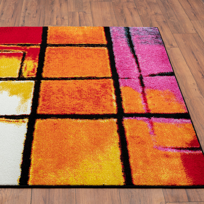 Tapis géométrique bleu / jaune / orange Alaysa, Rectangle 8 pi x 10 pi