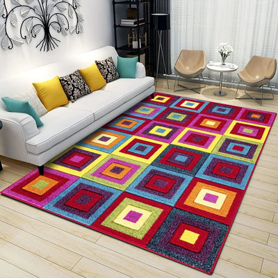Square Pattern Soft Pile Rug & Runner – Heavy Duty, Easy Clean Polypropylene Carpet