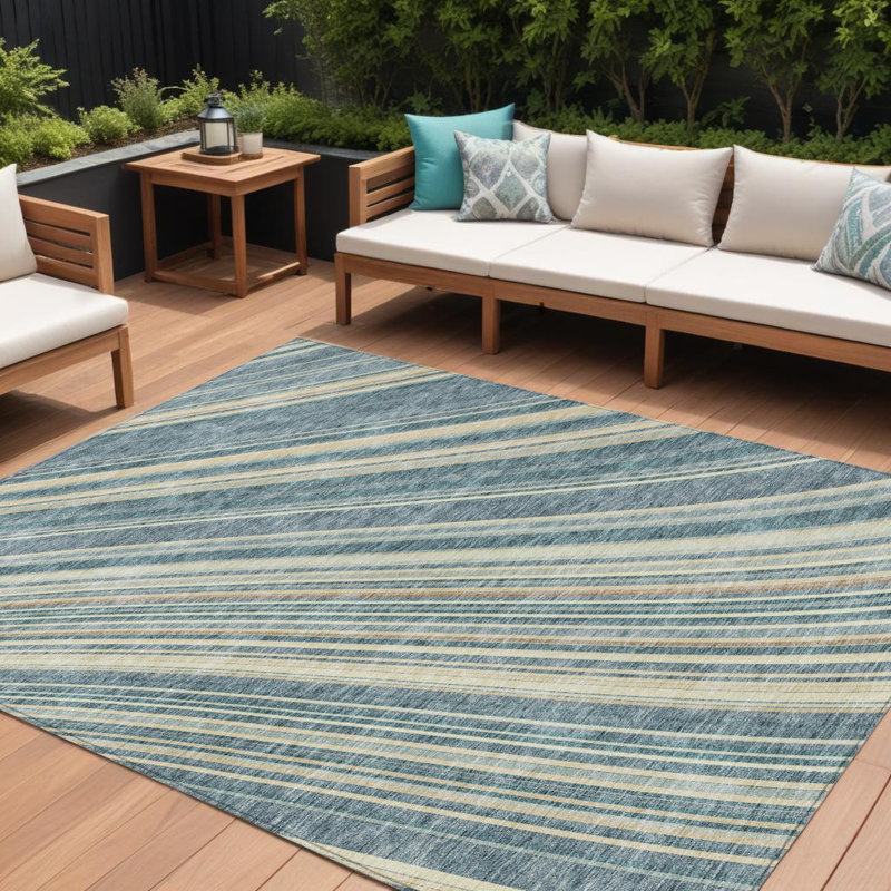 Tapis extérieur lavable rayé bleu ciel beige et brun clair 9 pi x 12 pi