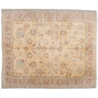 Tapis turc beige / bleu pastel en laine noué à la main de conception unique de 9 pi 4 po x 11 pi 4 po