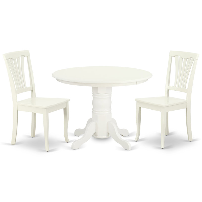 Ensemble de table de salle à manger 3 pièces pour petits espaces comprenant une table de cuisine ronde avec piédestal et 2 chaises de salle à manger, lin blanc