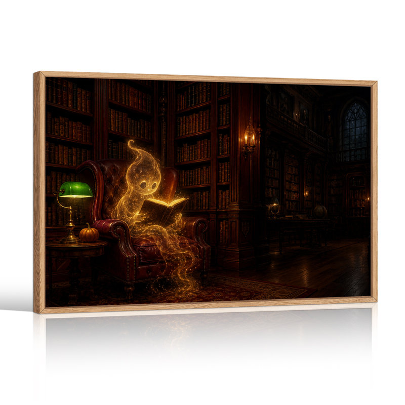 Fantôme lumineux lisant un livre dans une bibliothèque sombre, avec une toile murale d'Halloween, H 24 po x l 36 po