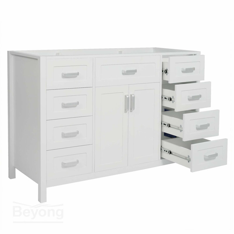 Meuble-lavabo 47 po sans lavabo, armoire seulement, 2 portes et 8 tiroirs, système de fermeture en douceur, design classique, blanc