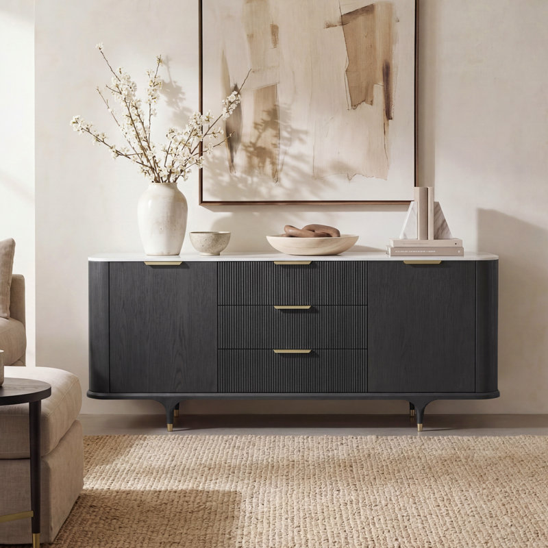 80'' Modern Fluted Solid Wood Sideboard Buffet with Adjustable Shelves Storage and Stone Slab Top