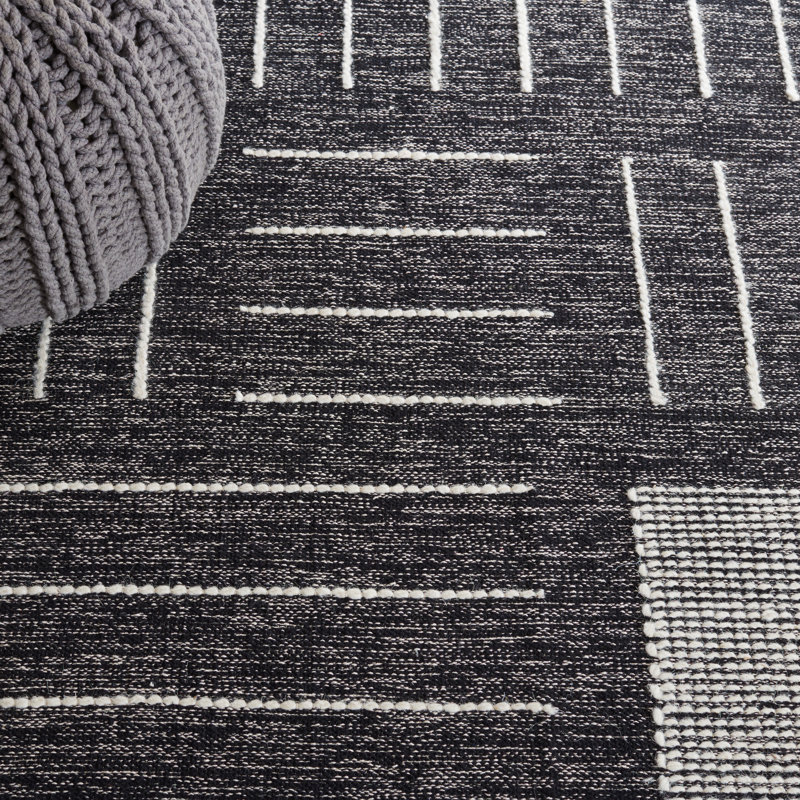 Flore Geometric Handmade Kilim Wool/Cotton Area Rug in Black/Ivory, Runner 2'3" x 9'