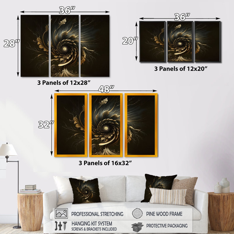 A Black and Gold Expression II - 3 pièces, reproduction sur toile, Or, H 32 po x l 48 po x P 1 po