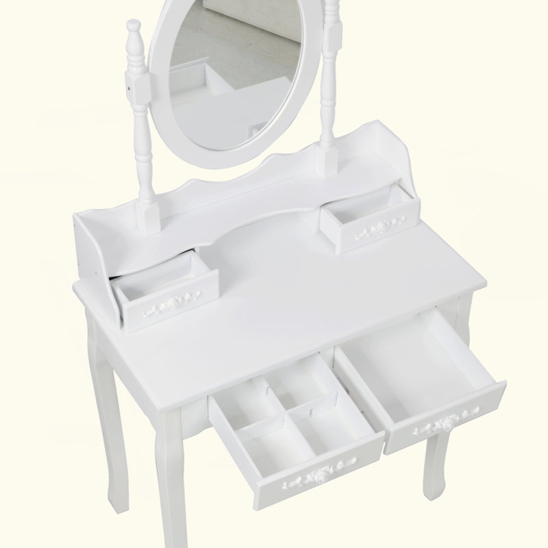 Ensemble de bureau de coiffeuse avec miroir et tabouret rembourré Princess, Blanc