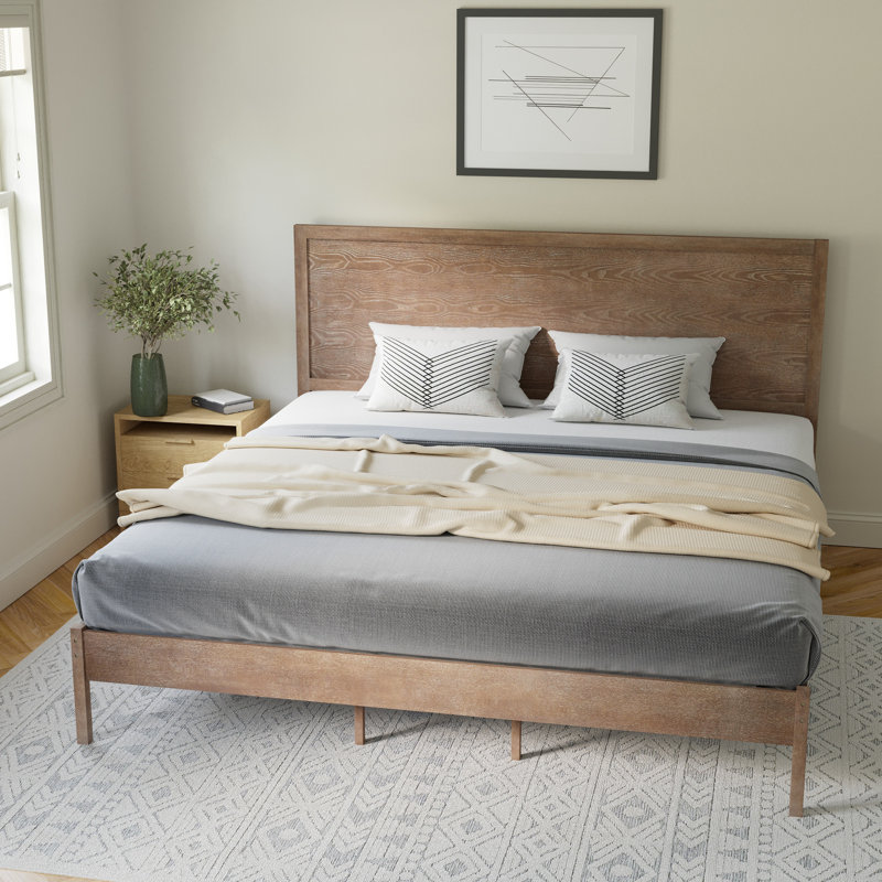 Eymen Modern Solid Wood Platform Bed with Wooden Slats and Headboard, King, Light Brown