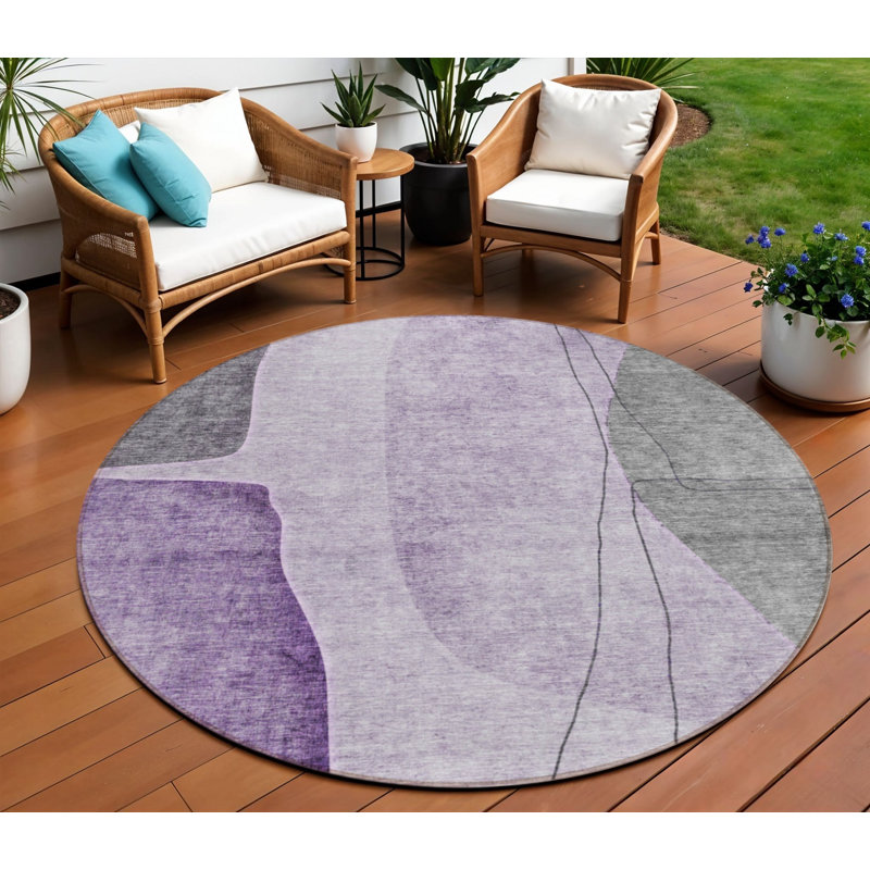 Tapis d'intérieur rond lavable abstrait 8 pi gris